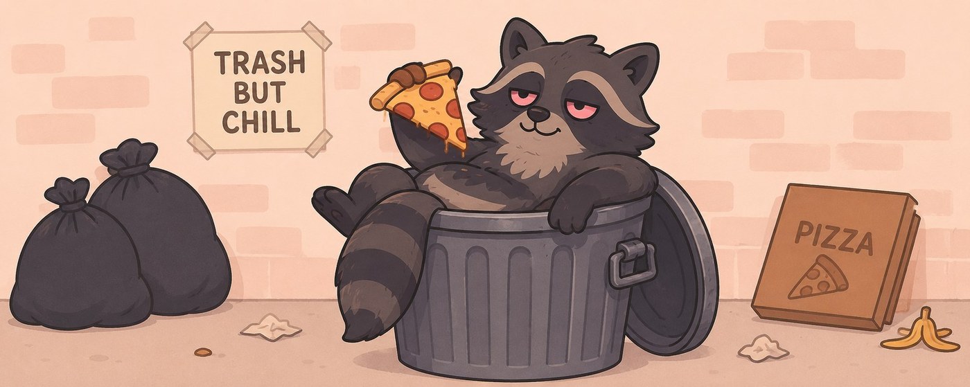 Dusty the raccoon relaxing in a trash can with a slice of pizza, beside a Trash But Chill sign